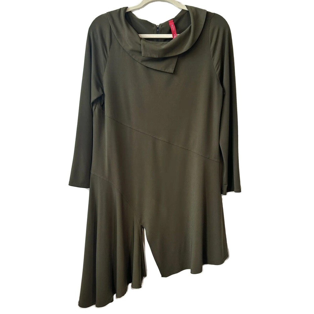 IC By Connie K Asymmetrical Hem Medium Dress Cowl Neck Long Sleeve Green